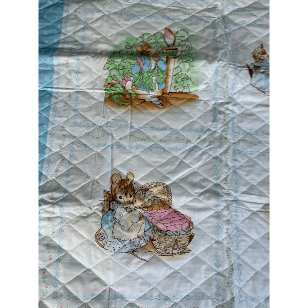 Vintage Beatrix Potter Peter Rabbit Quilted Baby Blanket Blue White 45x35
